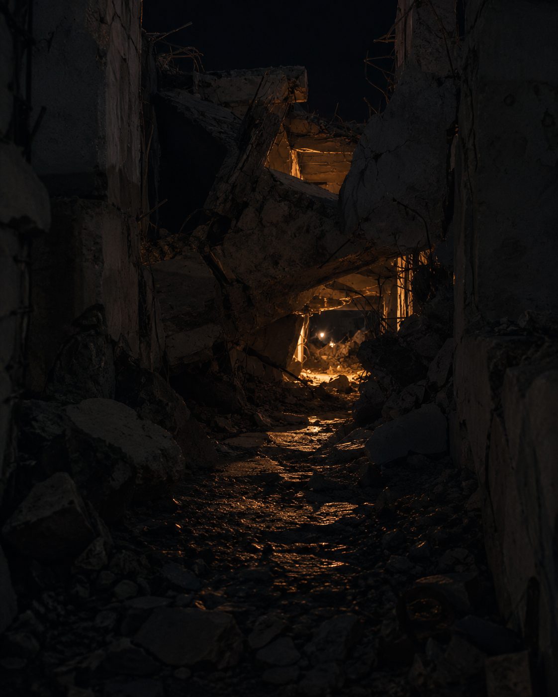 Light threading through rubble